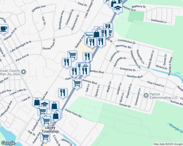 map of restaurants, bars, coffee shops, grocery stores, and more near 11 Tom Gray Court in Lacey Township