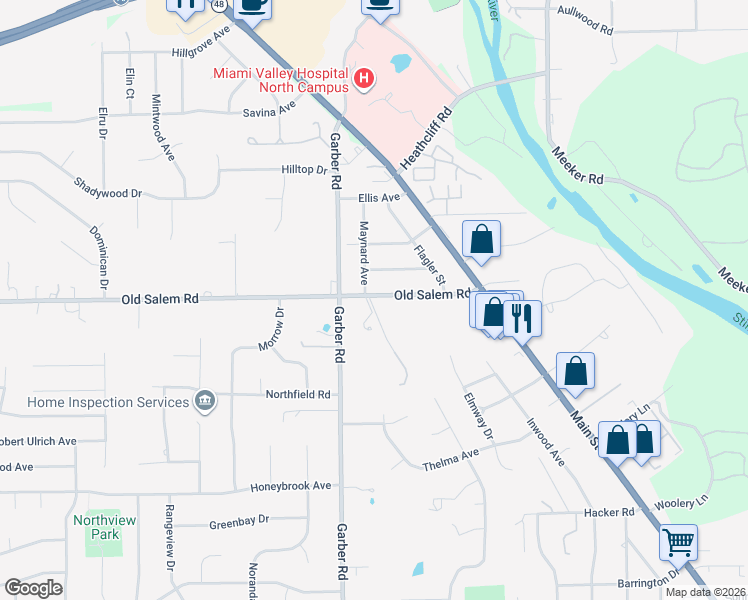 map of restaurants, bars, coffee shops, grocery stores, and more near 156 Old Salem Road in Dayton