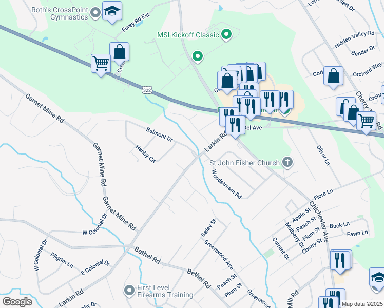 map of restaurants, bars, coffee shops, grocery stores, and more near 103 Belmont Drive in Boothwyn