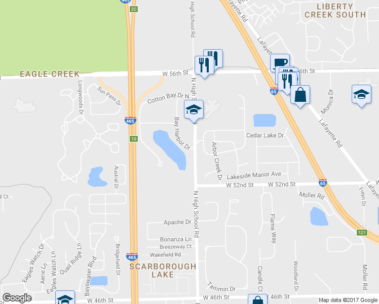 map of restaurants, bars, coffee shops, grocery stores, and more near 5316 Bay Harbor Drive in Indianapolis