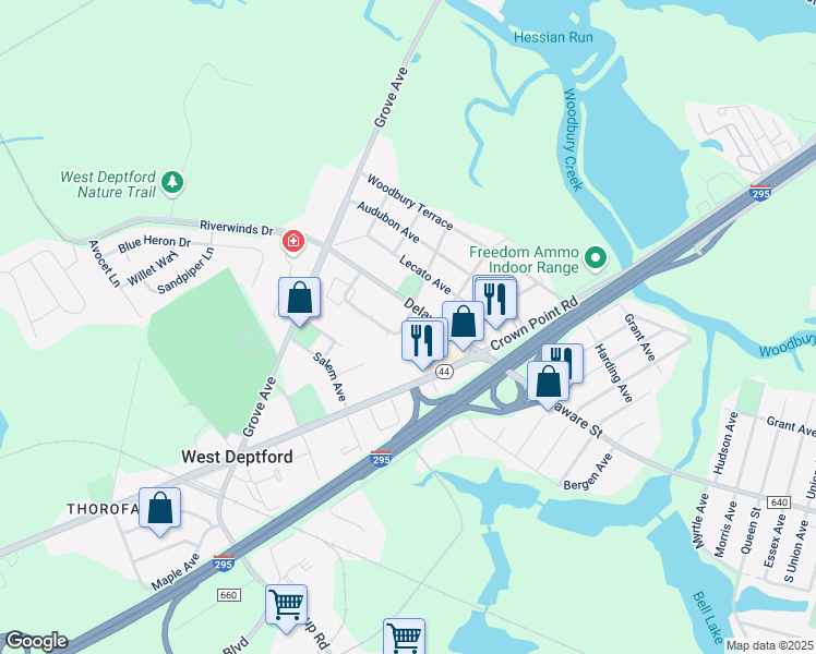 map of restaurants, bars, coffee shops, grocery stores, and more near 181 Delaware Street in Deptford Township
