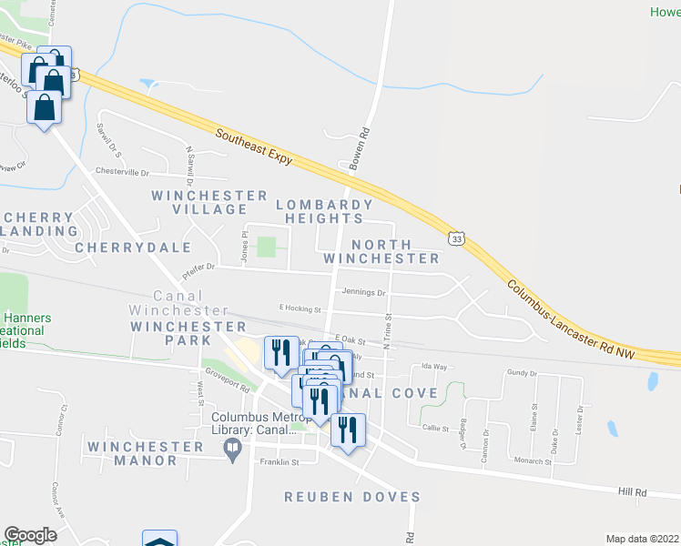 map of restaurants, bars, coffee shops, grocery stores, and more near 175 North High Street in Canal Winchester