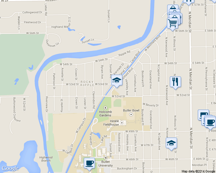 map of restaurants, bars, coffee shops, grocery stores, and more near 603 W 53rd St in Indianapolis