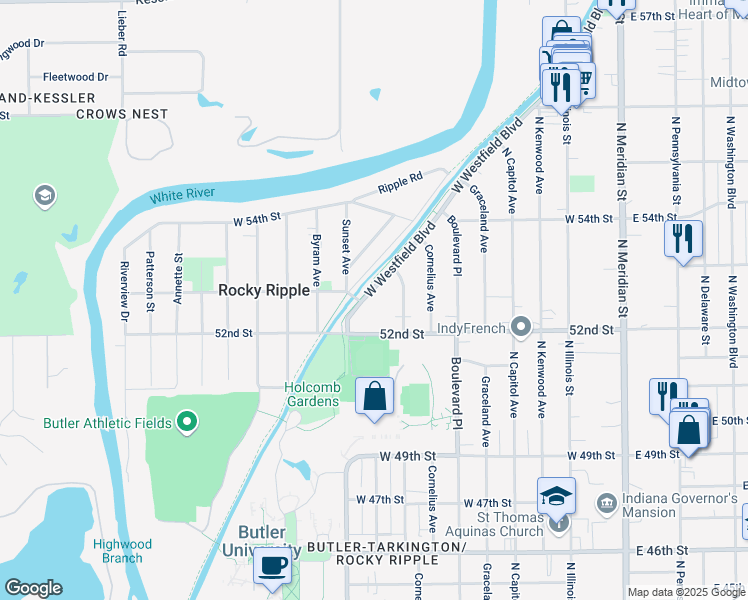 map of restaurants, bars, coffee shops, grocery stores, and more near 551 West Westfield Boulevard in Indianapolis