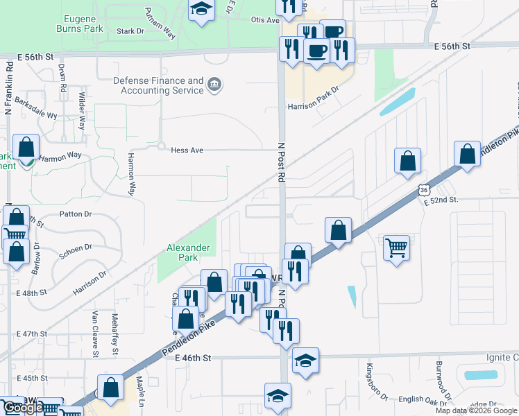 map of restaurants, bars, coffee shops, grocery stores, and more near 8886 Brigadier Drive in Lawrence