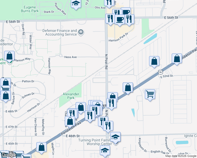 map of restaurants, bars, coffee shops, grocery stores, and more near 8886 Brigadier Drive in Lawrence