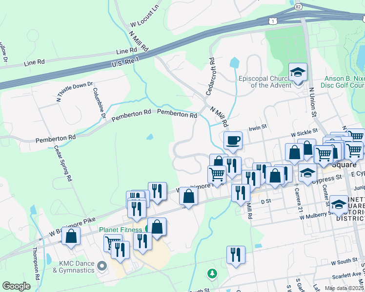 map of restaurants, bars, coffee shops, grocery stores, and more near 162 Penns Manor Drive in Kennett Square