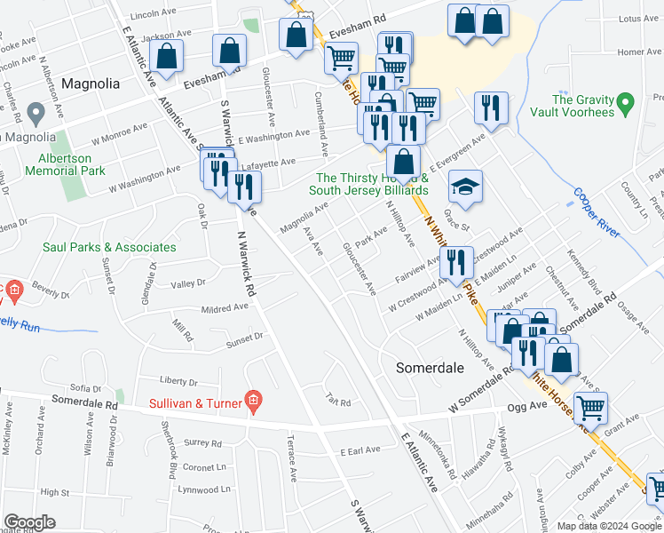 map of restaurants, bars, coffee shops, grocery stores, and more near 440 Ava Avenue in Somerdale