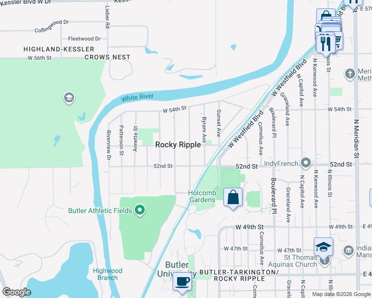 map of restaurants, bars, coffee shops, grocery stores, and more near in Rocky Ripple