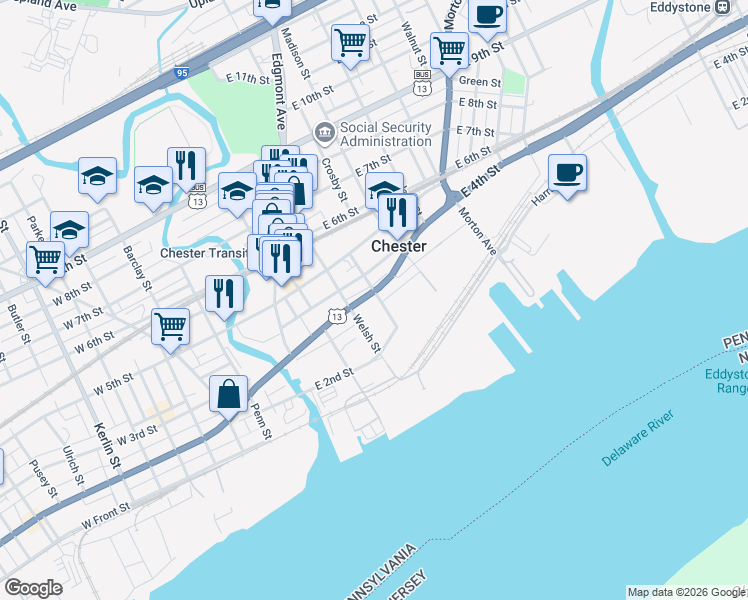 map of restaurants, bars, coffee shops, grocery stores, and more near 131 Pennsylvania 291 in Chester