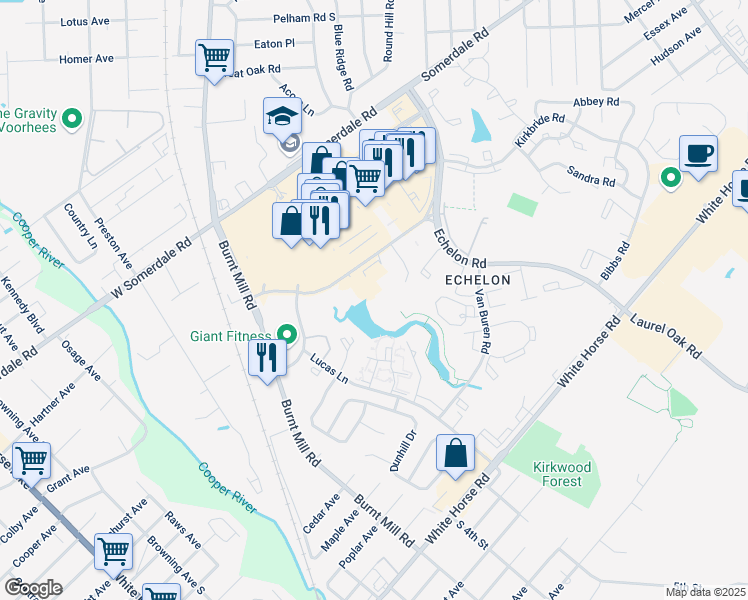 map of restaurants, bars, coffee shops, grocery stores, and more near 207 Laurel Rd in Voorhees