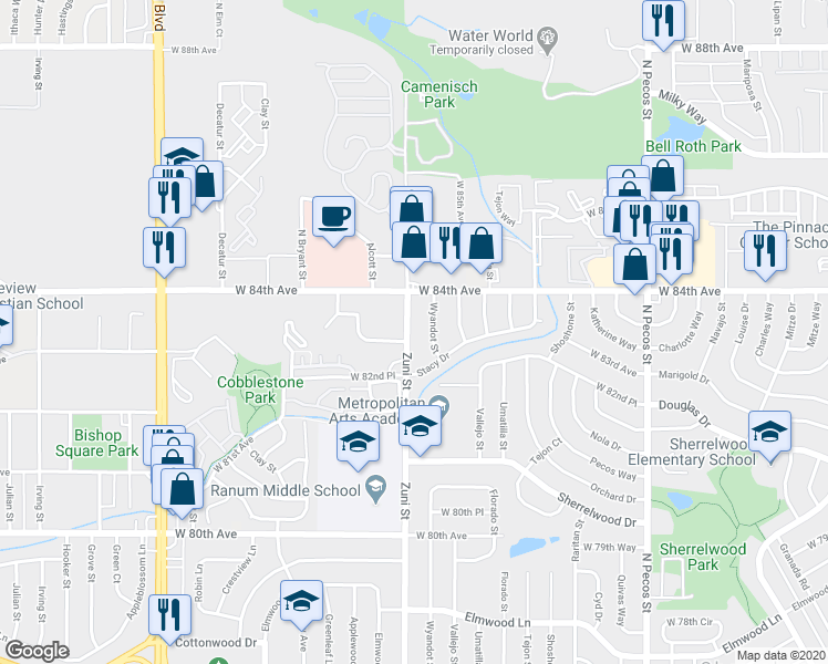 map of restaurants, bars, coffee shops, grocery stores, and more near 8330 Zuni Street in Denver