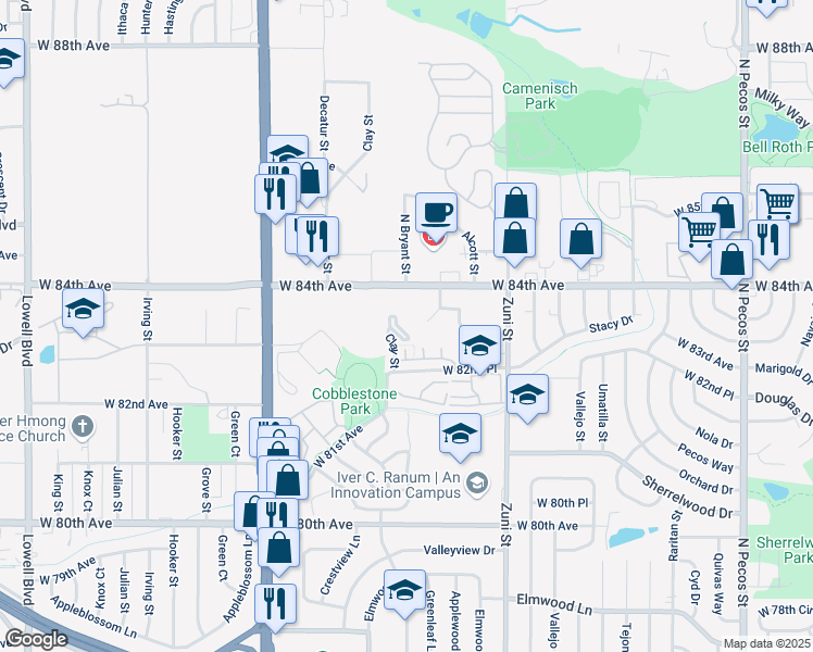 map of restaurants, bars, coffee shops, grocery stores, and more near 2590 West 83rd Avenue in Westminster