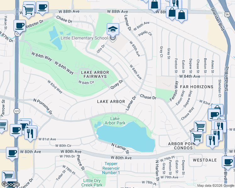 map of restaurants, bars, coffee shops, grocery stores, and more near 6450 West 83rd Place in Arvada