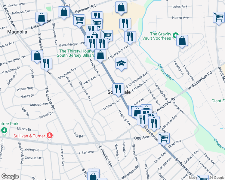 map of restaurants, bars, coffee shops, grocery stores, and more near 20 West Crestwood Avenue in Somerdale