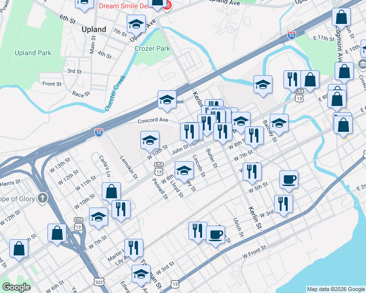 map of restaurants, bars, coffee shops, grocery stores, and more near 928 West 9th Street in Chester