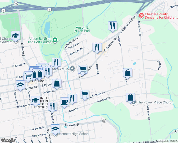 map of restaurants, bars, coffee shops, grocery stores, and more near 612 East Cypress Street in Kennett Square