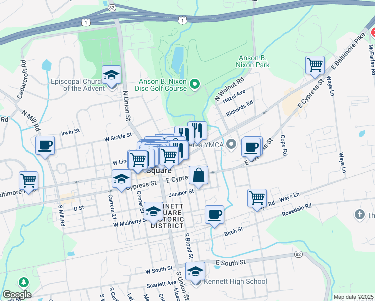 map of restaurants, bars, coffee shops, grocery stores, and more near 231 State Street in Kennett Square