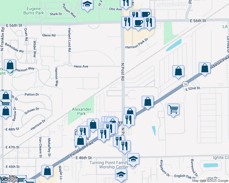 map of restaurants, bars, coffee shops, grocery stores, and more near 8886 Brigadier Drive in Lawrence