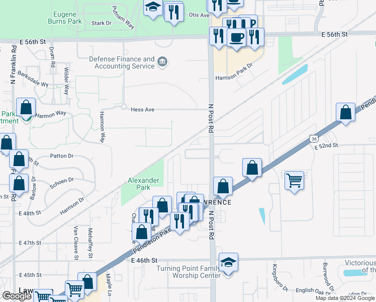 map of restaurants, bars, coffee shops, grocery stores, and more near 8876-8926 Brigadier Drive in Lawrence