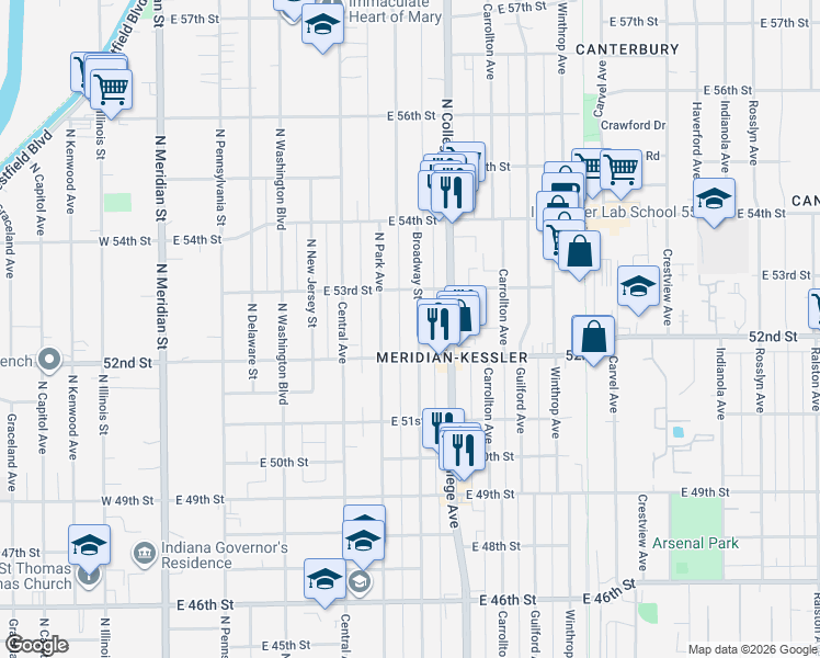 map of restaurants, bars, coffee shops, grocery stores, and more near 5219 North Park Avenue in Indianapolis