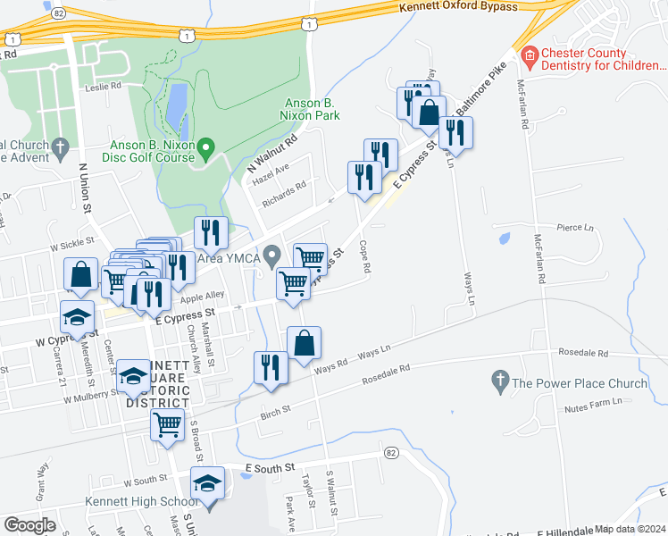 map of restaurants, bars, coffee shops, grocery stores, and more near 612 East Cypress Street in Kennett Square