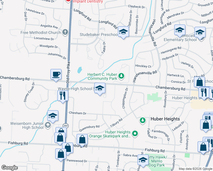 map of restaurants, bars, coffee shops, grocery stores, and more near 5400 Chambersburg Road in Huber Heights