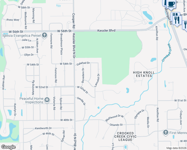 map of restaurants, bars, coffee shops, grocery stores, and more near 5252 Lancelot Drive in Indianapolis