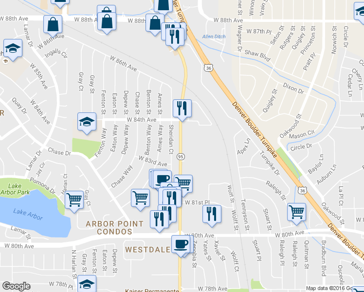 map of restaurants, bars, coffee shops, grocery stores, and more near 8300 Sheridan Boulevard in Westminster