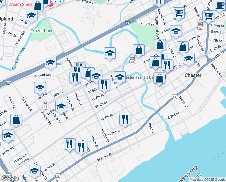 map of restaurants, bars, coffee shops, grocery stores, and more near 315 W 7th St in Chester
