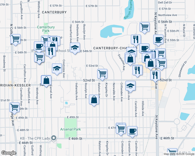 map of restaurants, bars, coffee shops, grocery stores, and more near 1701 East 52nd Street in Indianapolis