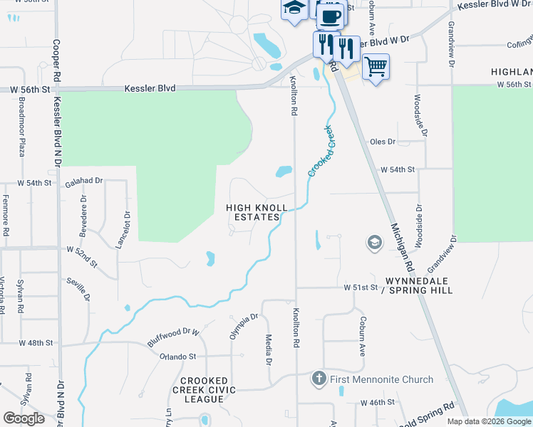 map of restaurants, bars, coffee shops, grocery stores, and more near 5263 Roland Drive in Indianapolis