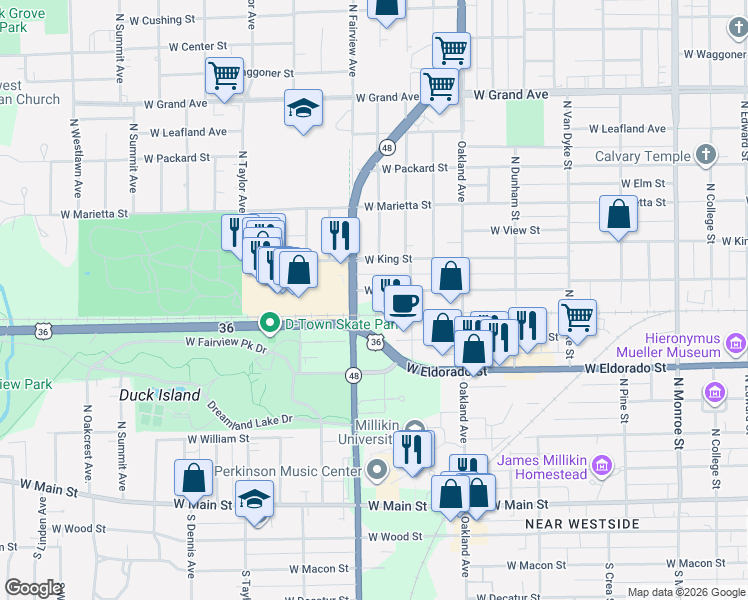 map of restaurants, bars, coffee shops, grocery stores, and more near 855 North Fairview Avenue in Decatur