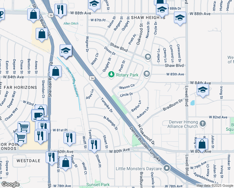 map of restaurants, bars, coffee shops, grocery stores, and more near 8220 Circle Drive in Westminster