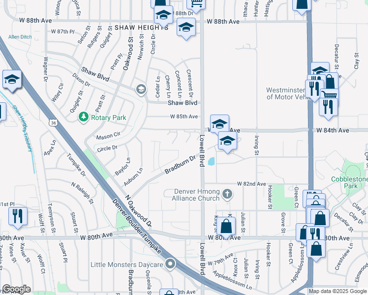 map of restaurants, bars, coffee shops, grocery stores, and more near 3650 West 84th Avenue in Westminster