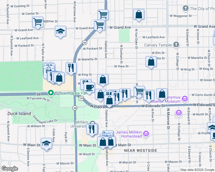 map of restaurants, bars, coffee shops, grocery stores, and more near 700-798 N Oakland Ave in Decatur