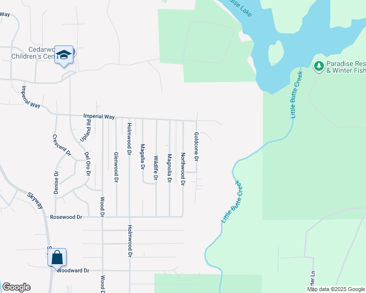 map of restaurants, bars, coffee shops, grocery stores, and more near 14834 Northwood Drive in Magalia