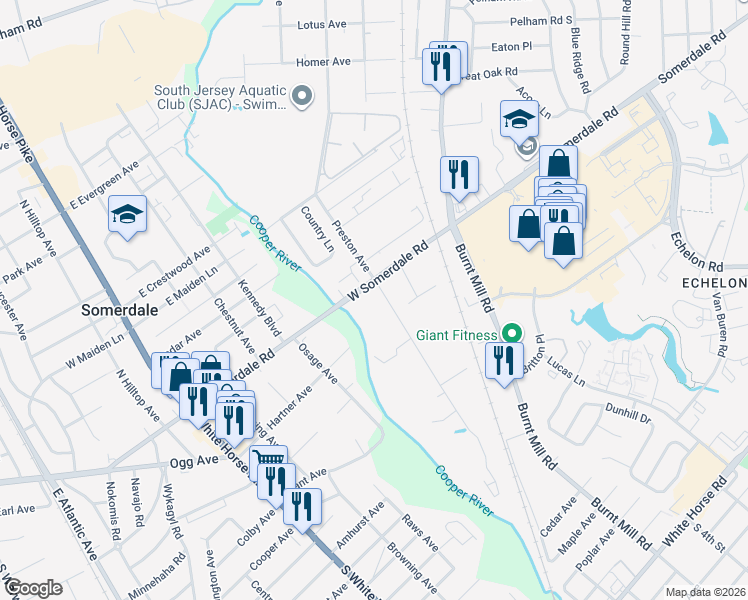 map of restaurants, bars, coffee shops, grocery stores, and more near 401 East Somerdale Road in Voorhees Township