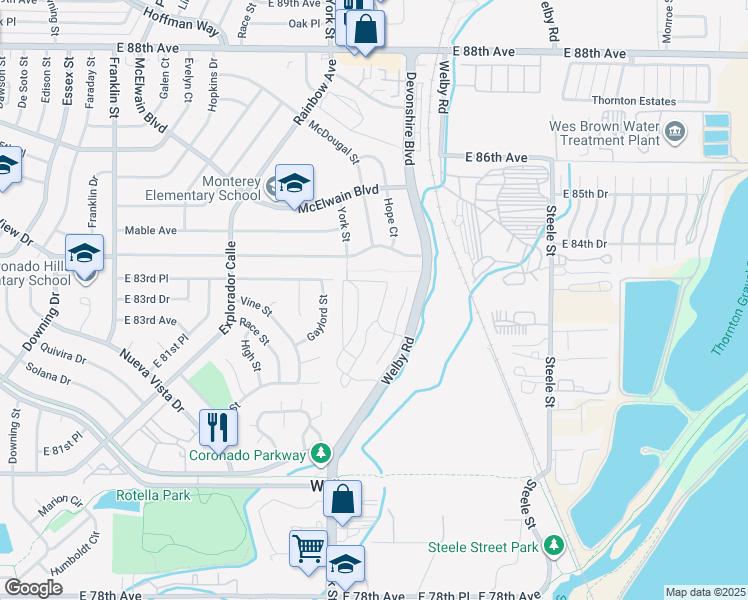 map of restaurants, bars, coffee shops, grocery stores, and more near 8199 Welby Road in Thornton