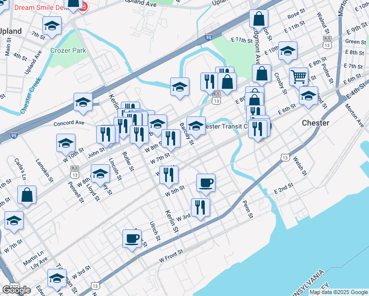 map of restaurants, bars, coffee shops, grocery stores, and more near 315 W 7th St in Chester