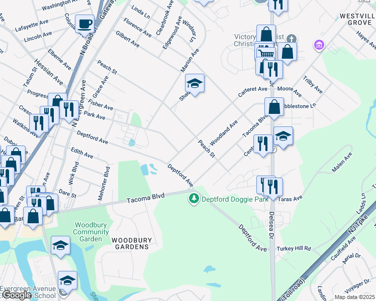 map of restaurants, bars, coffee shops, grocery stores, and more near Carteret Avenue in Deptford
