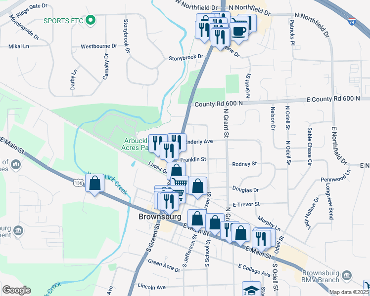 map of restaurants, bars, coffee shops, grocery stores, and more near 5793 North Green Street in Brownsburg