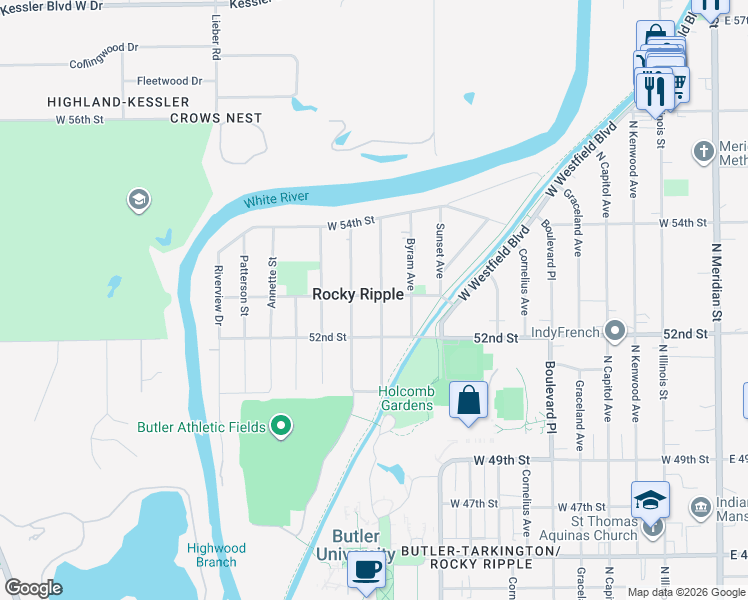 map of restaurants, bars, coffee shops, grocery stores, and more near in Rocky Ripple