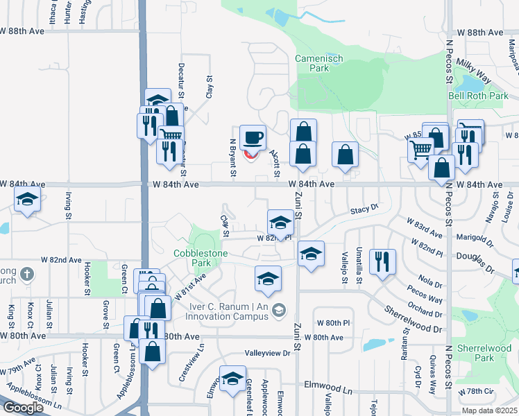 map of restaurants, bars, coffee shops, grocery stores, and more near 2590 West 83rd Way in Westminster