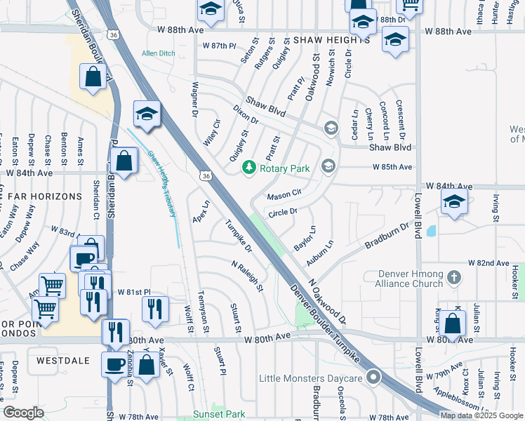 map of restaurants, bars, coffee shops, grocery stores, and more near 8220 Circle Drive in Westminster