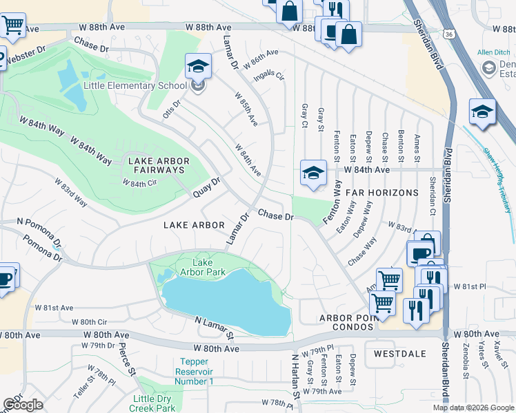 map of restaurants, bars, coffee shops, grocery stores, and more near 8321 Chase Drive in Arvada