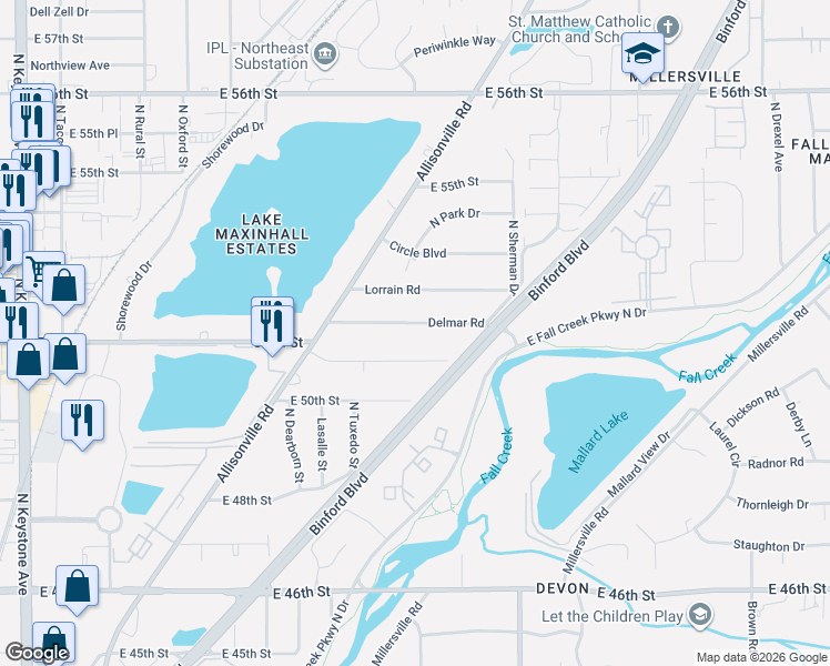 map of restaurants, bars, coffee shops, grocery stores, and more near 3602 East 51st Street in Indianapolis