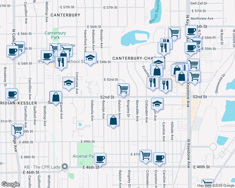 map of restaurants, bars, coffee shops, grocery stores, and more near 1701 East 52nd Street in Indianapolis