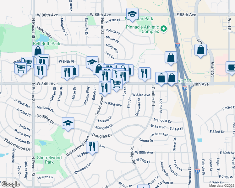 map of restaurants, bars, coffee shops, grocery stores, and more near 8325 Fox Street in Thornton