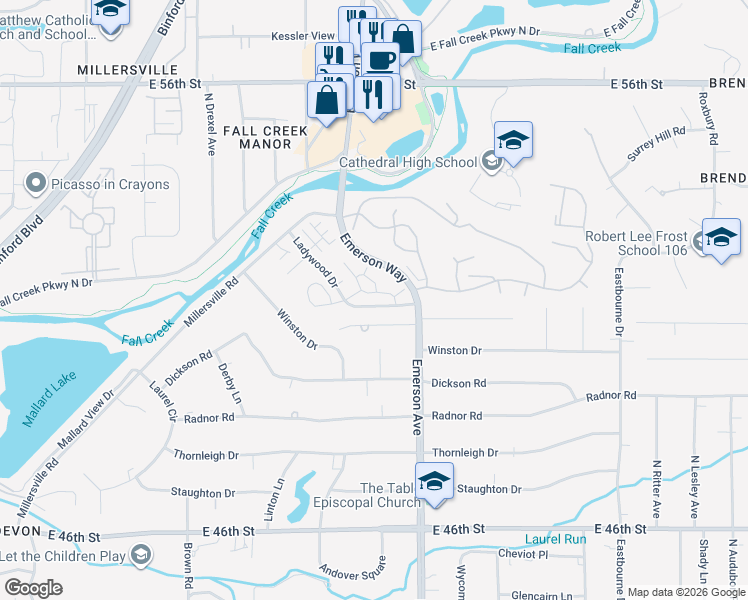 map of restaurants, bars, coffee shops, grocery stores, and more near 4890 Laurel Hall Drive in Indianapolis